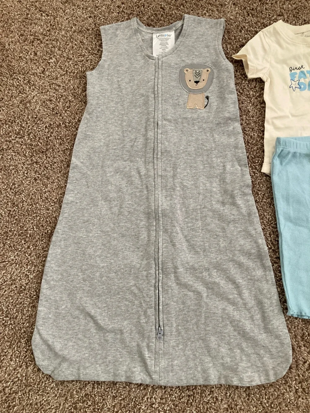 5 piece LOT: sleep-sack, 2 legging, 2 bodysuits, 1 long- & 1 short-sleeve, 6 mo.